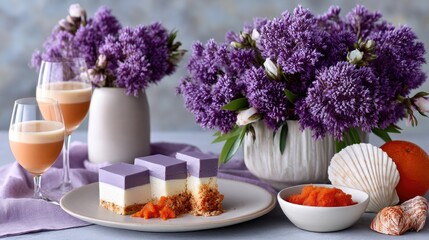 Layered Lavender and Coral Cheesecake with Lilac Flowers