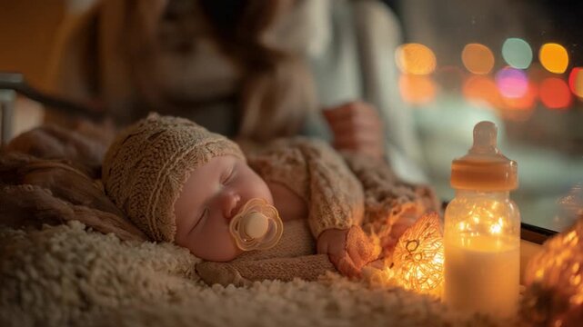 Sweet Dreams: A peaceful infant, swathed in cozy knitted garments, slumbers soundly. Soft glow and feeding bottle add warmth to the scene. Capturing the innocence of new life.