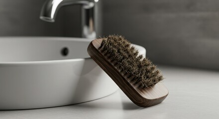 Natural bristle brush leaning on white sink with chrome tap in bathroom  