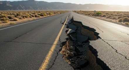 Cracked asphalt road due to earthquake in desert landscape  