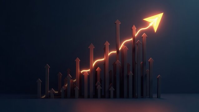 Una flecha brillante que desaf&iacute;a la gravedad entre flechas negras descendentes simboliza resiliencia, crecimiento positivo y estrategia no convencional