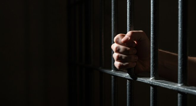Hand gripping prison bars in darkened jail environment  