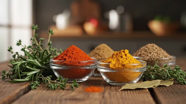 Four bowls of spices and fresh herbs on a wooden table