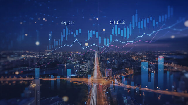 Futuristic city skyline illuminated at night with glowing financial stock market data charts overlay