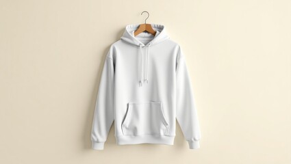 Maqueta de sudadera con capucha blanca colgada en una percha de madera sobre un fondo beige claro, ideal para marca