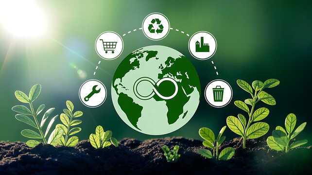 Green planet earth with circular economy symbols and growing plants symbolizing sustainability and environmental protection