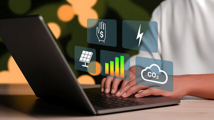 Person using laptop with holographic display showing environmental data and renewable energy symbols