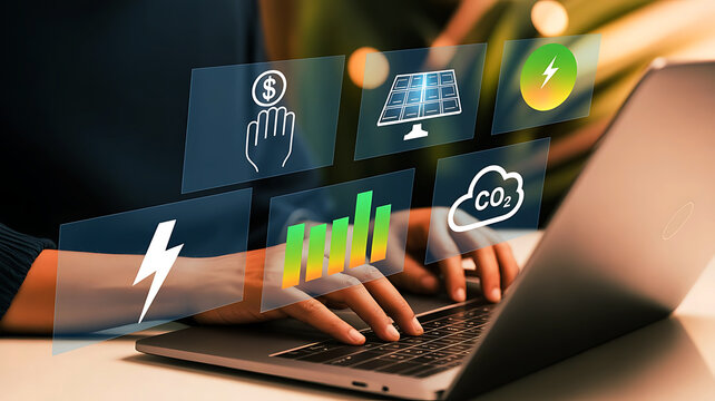 Person using a laptop with futuristic digital interface displaying energy efficiency and environmental data