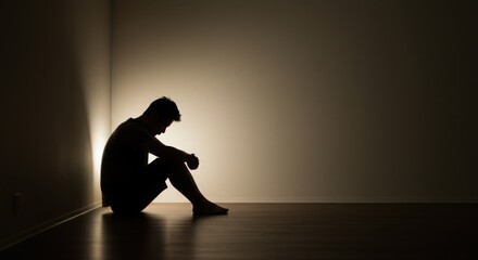 Young man sitting alone in a dark room with head down  