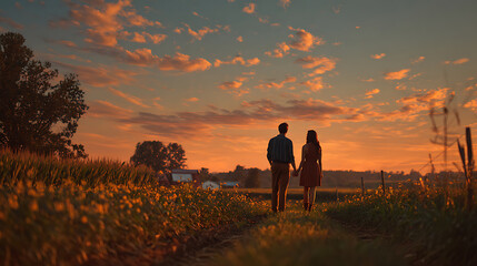 Couple Silhouetted Against a Vibrant Orange Sunset in a Rural Cornfield