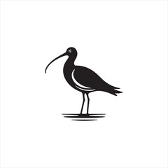 Elegant Curlew Silhouette Vector Art – Long-Legged Wading Bird with Distinctive Downcurved Beak, Minimal Black Outline Perfect for Wetland Wildlife Themes, Nature Logos, and Coastal Decorative Prints

