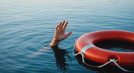 Fototapeta premium Hand reaching out for lifebuoy in calm water 