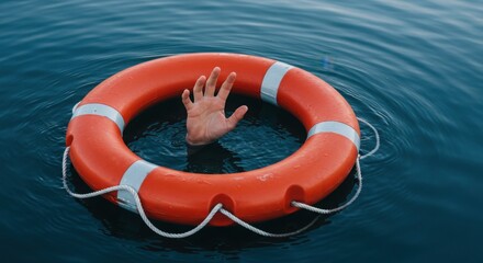 Hand reaching for life buoy floating in water