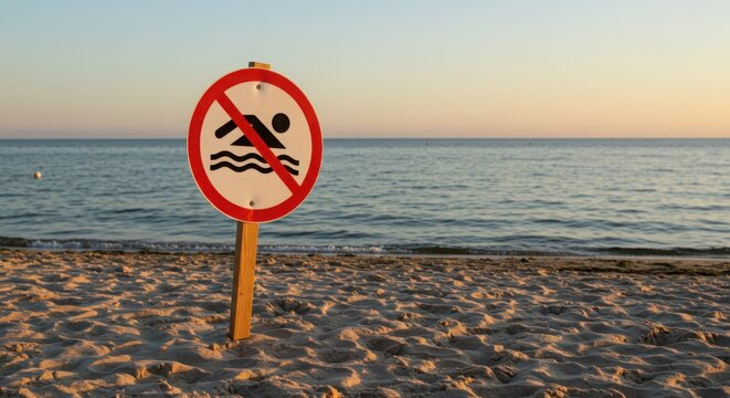 No swimming sign on sandy beach at sunset by the ocean  