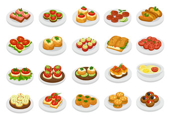 An assortment of dishes including sandwiches soups and a variety of canapés each served on a white plate