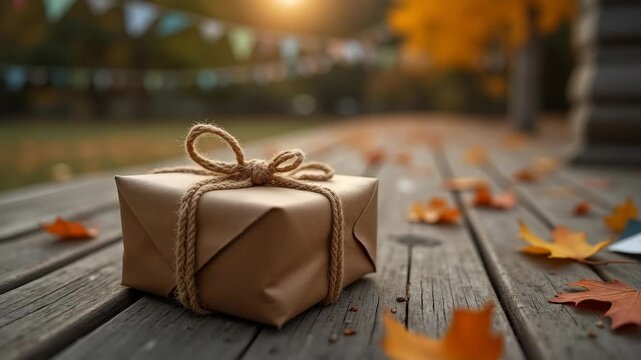 Autumn Gift Wrapped Present on Wooden Bench with Fall Leaves and Festive Bunting