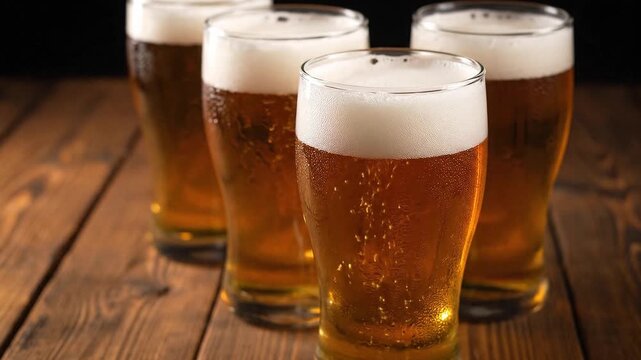 Four glasses of golden beer with foamy heads sit on a dark rustic wooden table