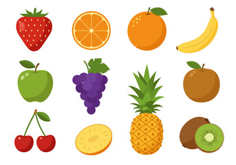 Cartoon fruits strawberry orange apple banana grapes pineapple kiwi cherry arranged on a white background