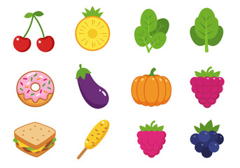Colorful food icons are arranged on a white background with a mix of healthy and unhealthy options