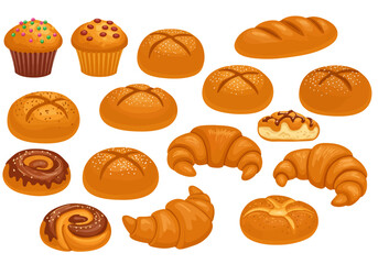 Illustration of a variety of baked goods including muffins rolls croissants and a loaf of bread