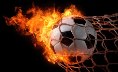 Fototapeta premium A soccer ball engulfed in flames, entering a net against a black background