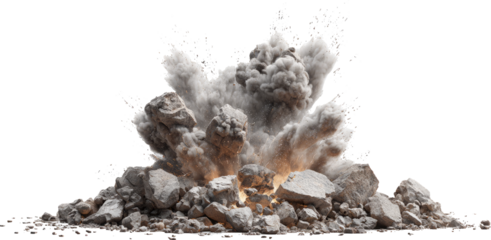 Powerful explosion blast with smoke, dust, and destructive debris
