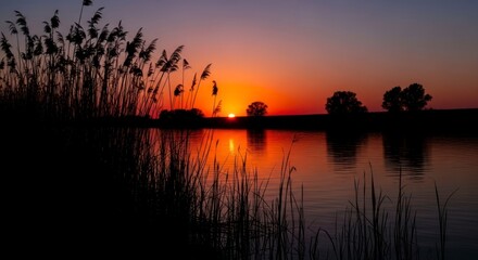 Serene Sunset Silhouette: Reeds Reflecting Fiery Hues Over Calm Water