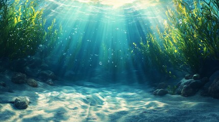 Fototapeta premium Serene underwater landscape with sunbeams illuminating aquatic plants and rocks in a clear ocean