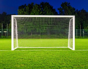 Fototapeta premium A soccer goal on a grassy field at night.