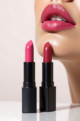 Fototapeta premium Lipstick Colors and Beauty with Matte Texture Featuring Model and Two Lipstick Tubes for Cosmetics Advertising and Beauty Industry Projects and Creative Concepts