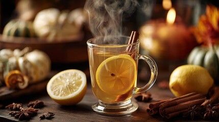 Hot toddy with lemon wheel, cinnamon stick. Fall harvest decorations