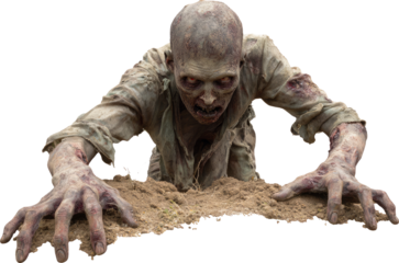 Menacing zombie monster crawling from dirt. terrifying undead horror