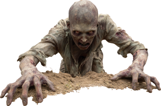 Menacing zombie monster crawling from dirt. terrifying undead horror