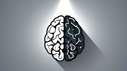 Split Brain, Light and Shadow: Minimalist Illustration of Human Brain Divided into Light and Dark Halves
