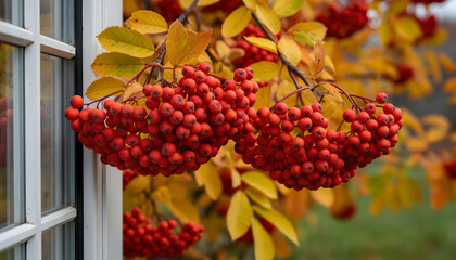 Obraz premium Rowan berries under window in autumn light