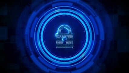 Digital padlock with binary code and futuristic blue glowing circles digital security data