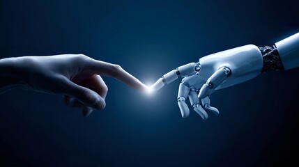 Human finger gently touches a silver robot finger against a deep navy background, symbolizing AI and human harmony, glowing softly with ambient light
