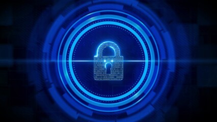 Glowing blue digital padlock with binary code and circular H U D elements security technology