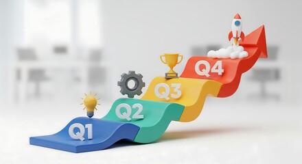 A colorful 3d rendering showcasing a business growth concept and quarterly progress with a rising rocket and trophy