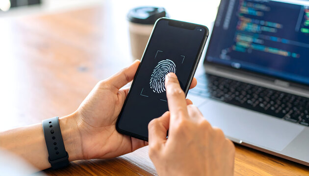 Secure access with fingerprint scan on smartphone using biometric authentication on modern tech device - Powered by Adobe
