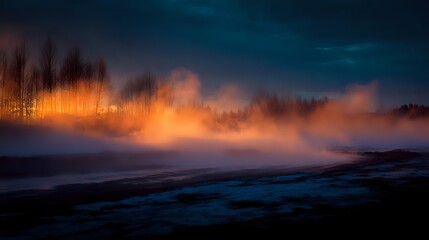 Thick swirling mist with high contrast lighting in orange and blue over blackened ground