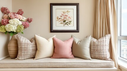 Minimalist Floral Bench Decor Soft Beige Living Corner Cozy living space featuring decorative pillows and elegant floral artwork Minimalist Meditation Spaces