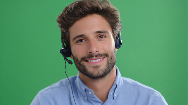 A smiling young man wearing a headset, ready for a video call, with a bright green screen background behind him.