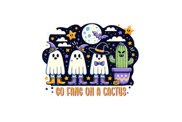 Cute halloween ghosts and cactus isolated on transparent background for holiday design