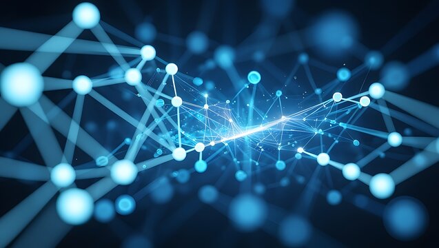 Abstract Molecular Structure with Glowing Connections Representing Data Transfer and Network Technology in a Digital Environment for Science and Communication