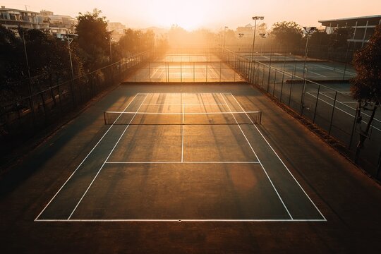 Drone shot of empty professional tennis court at sunrise, peaceful golden lighting, advertising-ready minimalist concept