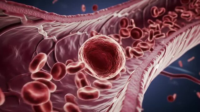 Large blood clot in human bloodstream, detailed medical illustration showing severe blockage in blood flow, cardiovascular health concept