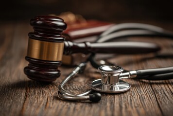 A gavel and stethoscope on a wooden , symbolizing legal and medical concepts, possibly related to healthcare law or medical malpractice.
