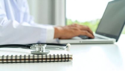 Efficient doctor using laptop with stethoscope on notepad in bright office for telehealth solutions