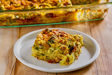 veggie supreme casserole with broccoli, bell pepper, leeks, and eggs, plated